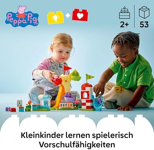 DUPLO Peppa Wutz Jahrmarkt - Montessori Spielzeug - Motorikspielzeug für Kinder ab 2 Jahren - Vorschule Spiele mit Riesenrad, Rutsche & 3 Figuren inkl. Mollie Mieze & Klausi Kläff 10453