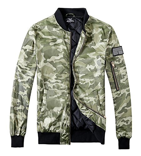 MADHERO Men's Padded Flight Jacket Lightweight Slim Fit Quilted Coat with Patches Color Camo Green Size S