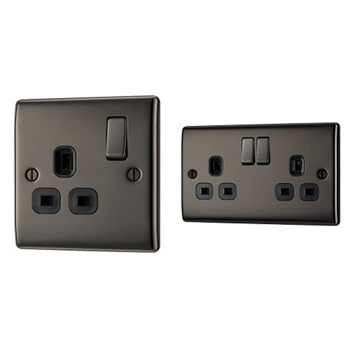 BG Electrical NBN21B 13 A Electrical 1-Gang Single Socket, Black Nickle + NBN22B-01 13 A Electrical 2-Gang Metal Switched Plug Socket, Black Nickel