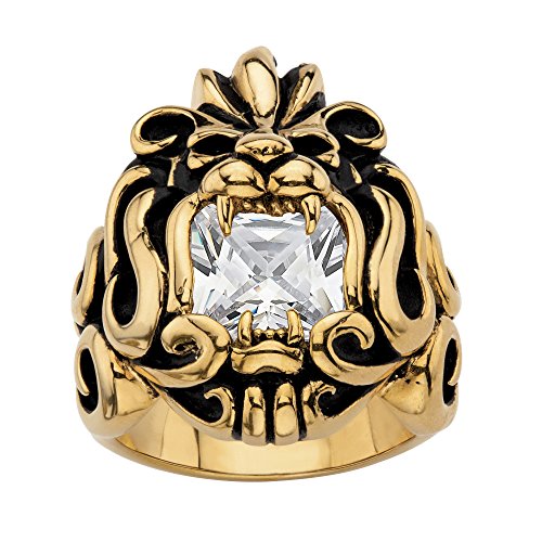 Yellow Gold Ion-Plated Stainless Steel Antiqued Square Cut Lion Ring, Round Cubic Zirconia Size 8