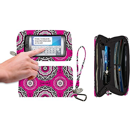 Charm 14 Cell Phone Holder Deluxe Wallet Bag Wristlet - Retail Packaging - Boho Medallions Pink Bandanna