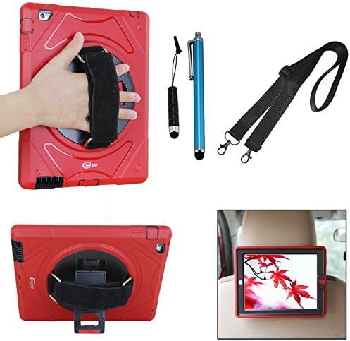 Cellular360 Shockproof Case for Apple iPad 2 iPad 3 iPad 4 , Car Headrest Mount Case with 360 Degrees Rotatable Kickstand, Adjustable Handle and Shoulder Strap (Red)