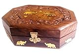 Majestic Wooden Jewelry Box Organizer Keepsake Storage Chest Hand Carved with Elephant Brass Inlay