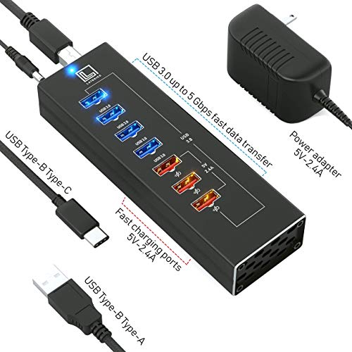 Powered USB Hub - Multi-Port USB Hub with 7 USB 3 Ports, 3 Fast Charging USB 3.0 Ports, Cords C and A, Power Adapter - by Latorice (Black)