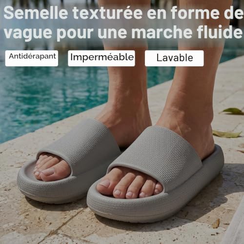 Claquettes Femme Chaussons Hommes Douche Antidérapant Sandales Pantoufles Confortable Léger Piscine Plage Maison Sliders,Gris 40/41 EU