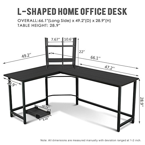 Corner Desk,Pexfix L-Shaped Wood Metal Corner Computer Desk PC Laptop Study Table with Bookshelf for Office or Home Use,Black - Thumbnail 6