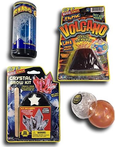 Educational Science Toys| Children’s toy Combo set of 4 |with 1 lava volcano, 1 twisted tornado, 1 crystal grow kit and 1 planet puddy |party favor| Smarts Kids| Learning&Exploring| Colors may vary.