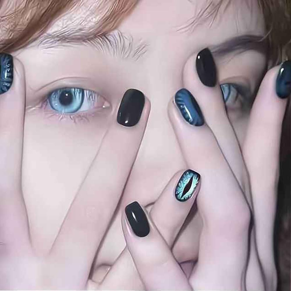 Mgmxbsth 10PCS Handmade Short Square False Nails, Devil's Eye Press on Nails, Cat Eyes Stick on Nails,French Tip False Nails, Full Cover Fake Nails for Women and Girls(Devil)