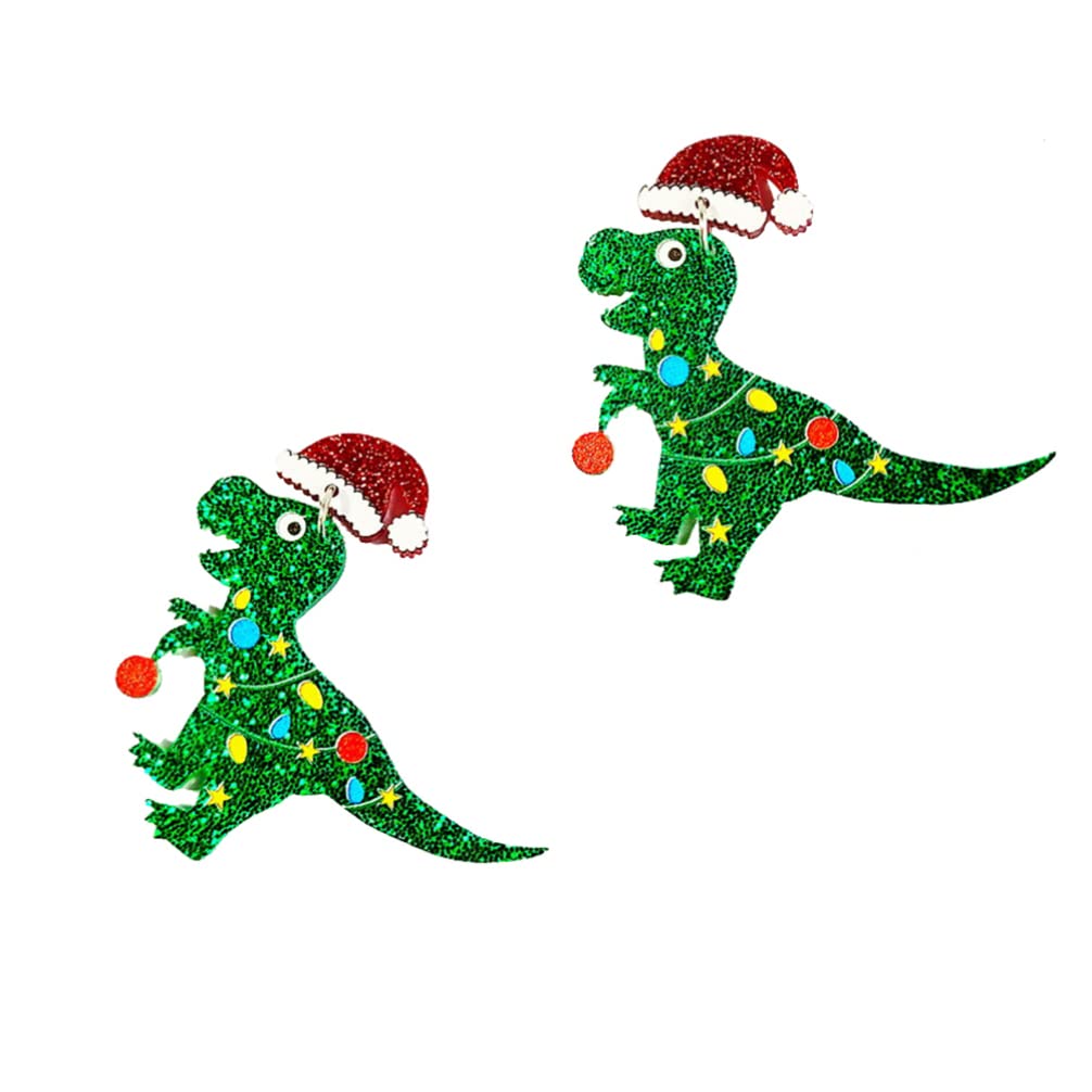 NUOBESTY Dinosaur Christmas Dangle Earrings Green Dinosaur Xmas Earrings for Women Christmas Party Ear Jewelry 6.5x3.5cm