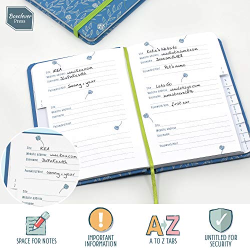 Password Book with tabs. Boxclever Press hardback Password Organizer with alphabetized tabs. Small Pocket Size Password Keeper for Internet login, Website Address, username. (Blue Floral)