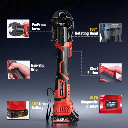 ROGVOC ProPress Tool, 18V Copper Pipe Crimper with 3 VUS Jaws | Includes 1/2, 3/4 and 1 inch jaws, two 2 Ah batteries, fast charger and carrying case