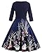 ZAFUL Women's 50s Vintage Floral V-Neck 3/4 Sleeve Party Swing Dresses With Belt (L, Navy Blue)