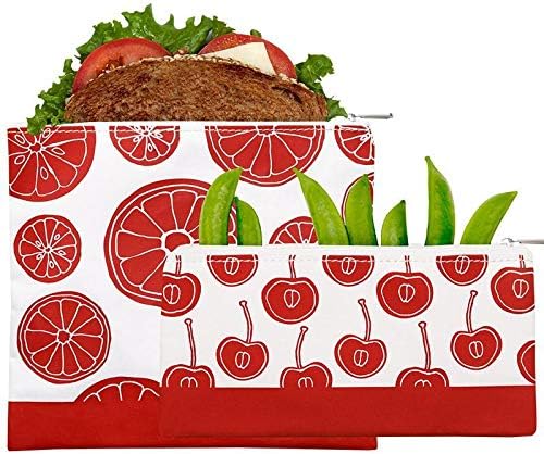 Lunchskins Reusable 2 Piece Zippered Food Storage Bag Set, 1 Sandwich Bag + 1 Snack Bag, Red Fruit