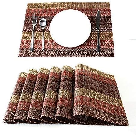 Lavin Placemats, Set of 6, Food Grade Stripe Golden Red, Wipe Clean Heavy Duty Vinyl Woven Stain Resistant and Heat-Resistant, Perfect for Holidays Dining Table Kitchen and Every Day Use, 12x18 Inch