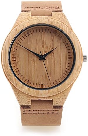 Salebest Bamboo Wooden Watch Brown Cowhide Leather Strap Casual Watch -Japanese Quartz Movement Gray with Gift Box