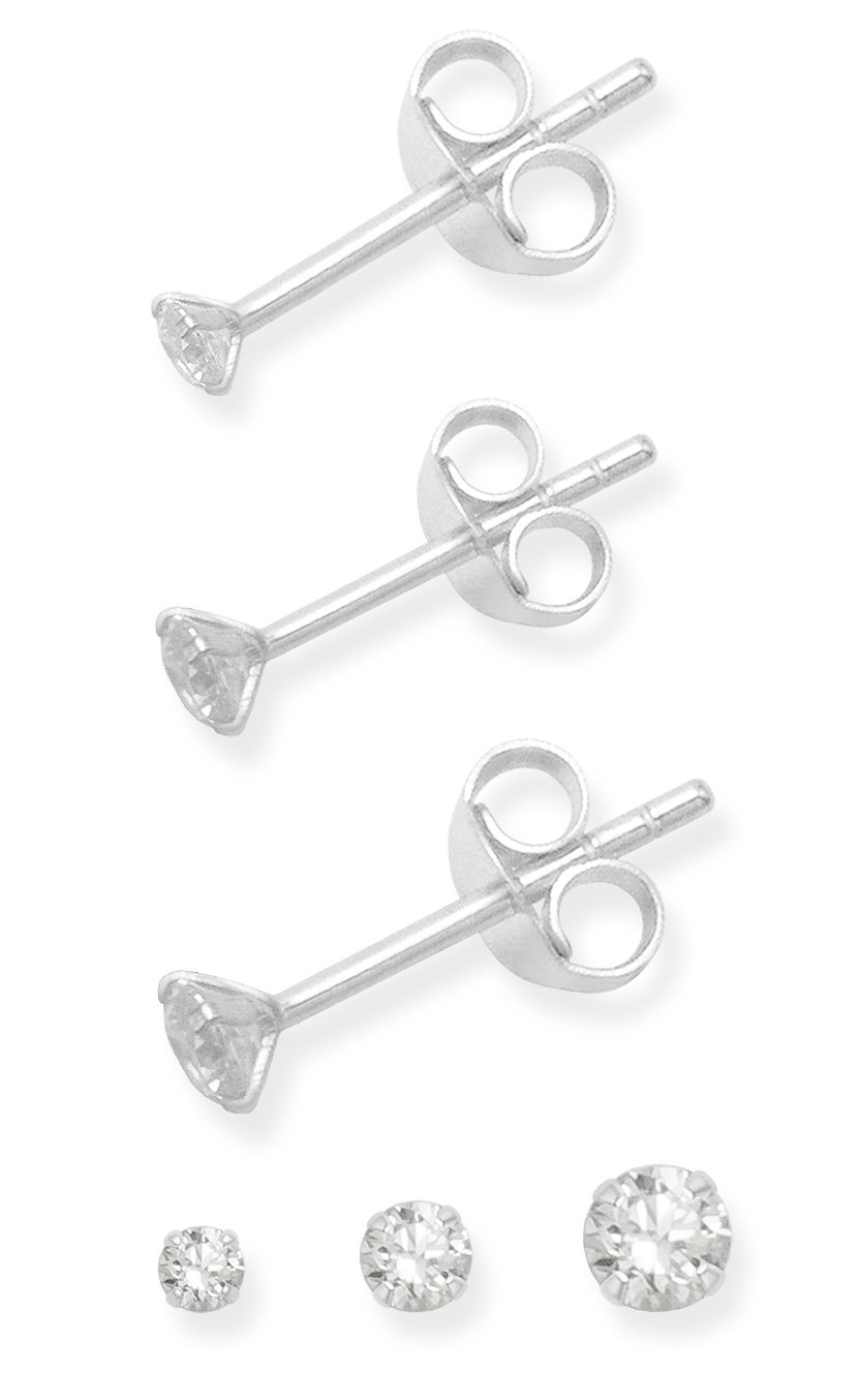 Set of 3 Single Sterling Silver Cubic Zirconia Earrings (NOT Pairs - Singles) - Total 3 Round Stud Earrings - Sizes: 1 Single Each of 2mm, 3mm & 4mm. Gift Boxed 5768SET/SINGLES