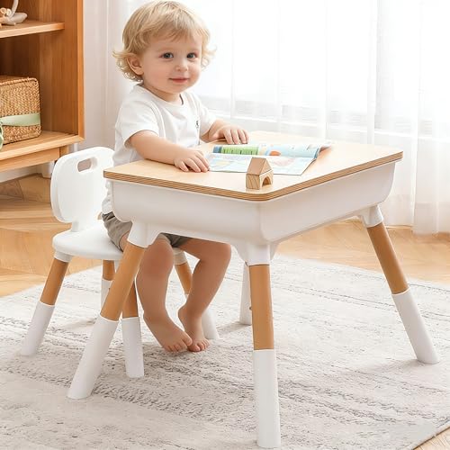 CENXI Study Table, with 1 Chair Set, Height Adjustable Table and Chair, 55 * 55 * 40cm, Play and Activity Desk with Paper Roll, Storage Basket and Drawers, Suitable for Daycare, Classrooms, Home