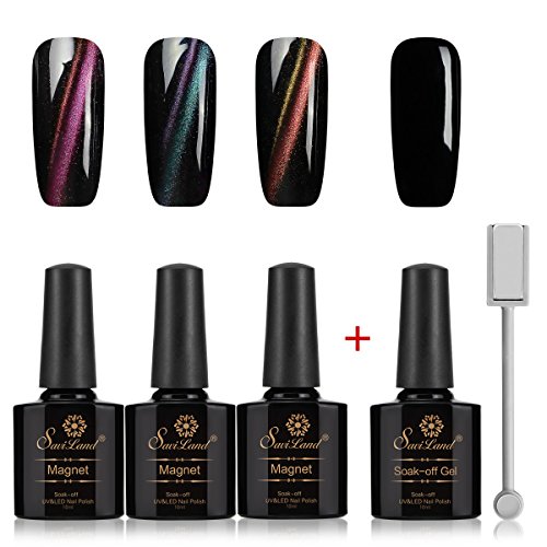 3 Pcs 3D Cat Eye Nail Gel Set, Saviland Soak Off Chameleon Cat Eye Gel Nail Polish UV LED Starter Nail Art 10ml+ Black Base Color Gel +Free Magnet Stick