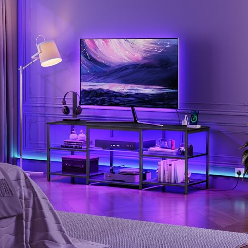 HOOBRO 3 Tier TV Table with LED Lights for 32-65 inch TV, 140cm Black TV Units with Power Outlet, Gaming TV Entertainment Center with Open Shelves for Living Room,Bedroom EBB20KDDS01
