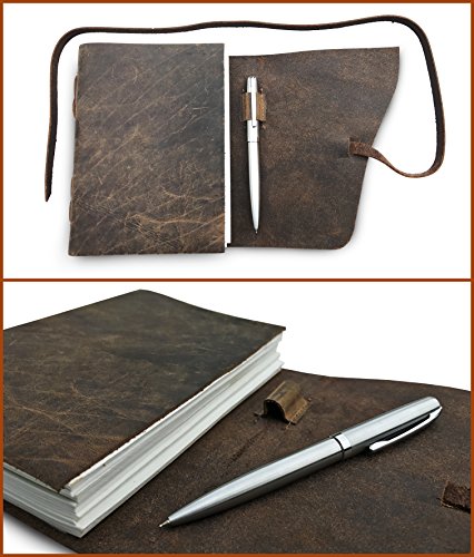 LEATHER JOURNAL Gift Set Handmade - Ideal Present with Box, Secret Pen Holder and Premium Metallic Pen - Writing Notebook 8 x 6 Inches Blank Paper, Rustic Leather-Bound Daily Notepad For Men and Women
