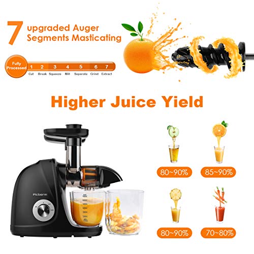 Juicer Machines, Picberm Slow Masticating Juicer Extractor with Quiet Motor Easy to Clean, BPA-Free Cold Press Anti-Blocking Juicer with Peeler, Brush & Recipes for Fruits and Vegetables, Black