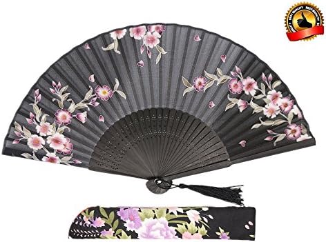 LYSA"Blooming Cherry Blossoms"Folding Hand Held Silk Fans for Women - Silk Tissue Protective Sleeve --- Chinese/Japanese Style (Black-031)
