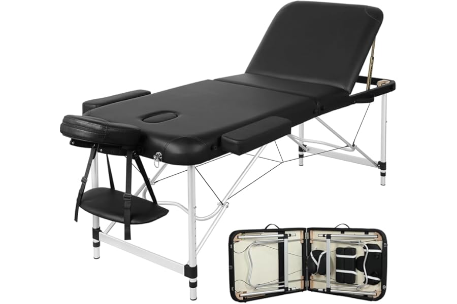 Yaheetech Massage Tables Portable Tattoo Table Adjustable Lash Bed Aluminium 3 Folding Spa Bed with Non-Woven Bag 28 inch Wide Black
