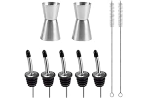 5 Pack Stainless Steel Liquor Pour Spouts Set & 2 Double Jiggers, SourceTon 5 Liquor Pour Spouts + 5 Dust Caps Covers + 2 Cle
