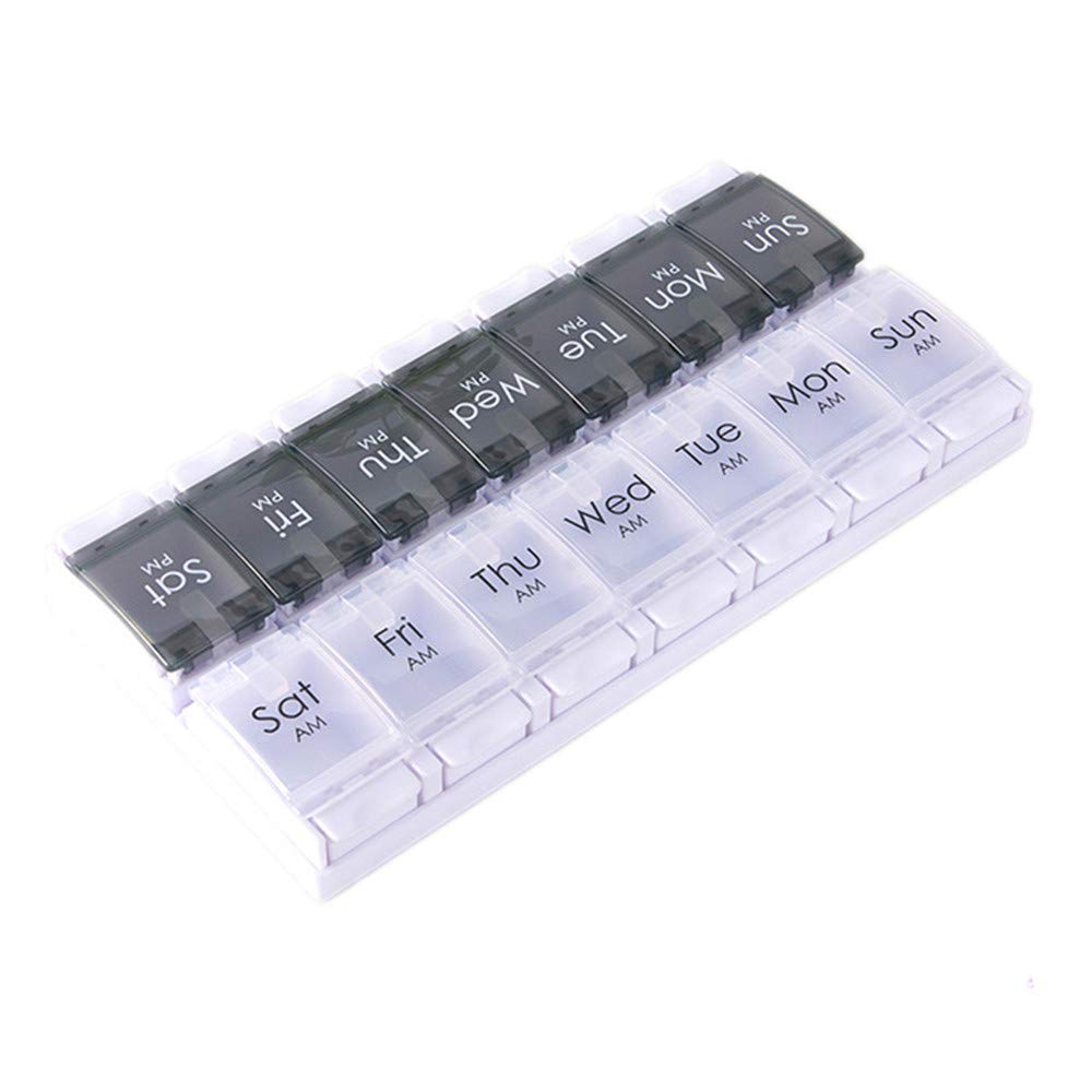 Pill Box Organiser 7 Day 14 Day Weekly, REOOHOUSE Pill Case for Vitamin Capsule Supplements, Large Comparment Press Open (blackwhite14)