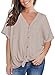 MIHOLL Womens Loose Blouse Short Sleeve V Neck Button Down T Shirts Tie Front Knot Casual Tops (Large, Oatmeal)