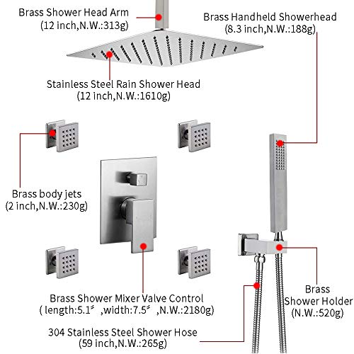 Enga 12" Ceiling Rain Shower System with 4pcs Body Jets and Hand Wand, Brass Shower Faucet in