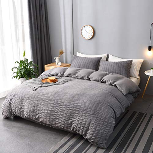 M&Meagle 3 Pieces Textured Duvet Cover Dark Grey Set with Zipper Closure,100% Washed Microfiber Seersucker Fabric,Luxury Hotel Quality Bedding-King Size(1 Duvet Cover 2 Pillowcases)