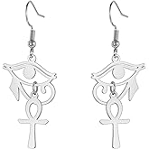 Eye of Horus Ankh Earrings for Women Stainless Steel Ancient Egyptian Eye of Horus with Ankh Cross | Double Wing Dangle Earring Protection Jewelry