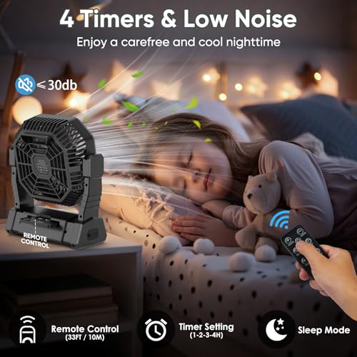 COZII 20000mAh Desk Fan Camping Fan, Portable Fan Rechargeable 4 Speeds with LED Light, Hanging Hook, Remote Control and Timer, Outdoor Battery Powered Fan for Camping Travel Office