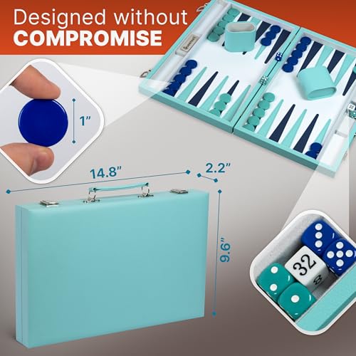 Premium 15" Turquoise Backgammon Set for Adults - Luxury PU Leather Tray with Box, 32 Acrylic Counters, Dice Cups and Double Cube