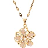 DIAMANTIO 18K Gold Plated Floral Pendant Necklace – White Cat Eye Stone & Cubic Zirconia Accents, Elegant Statement Jewelry