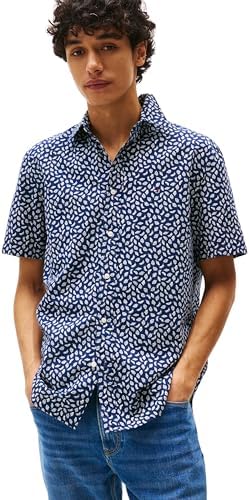 Herren Hemd Linen Blend Kurzarm, Mehrfarbig (Preppy Navy/Ivory Petal), L