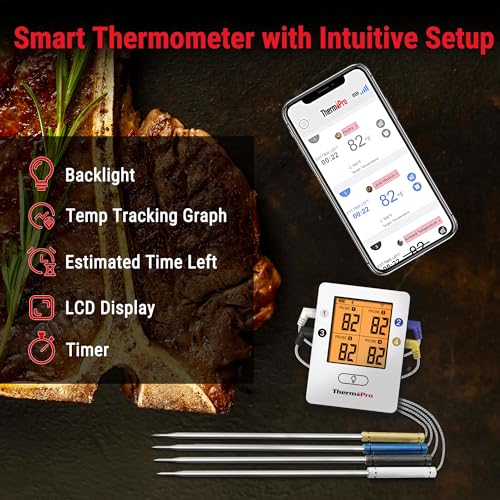 ThermoPro TP25 Termómetro inalámbrico Bluetooth para carne de 500 pies con 4 sondas de temperatura Termómetro digital de cocina para barbacoa para asar al horno ahumador de alimentos, recargable