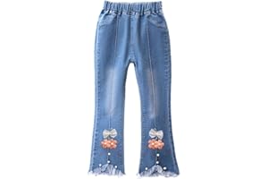 Girls Jeans Flare Bell Bottom Bow Jeans Kids High Waist Cute Denim Pants 2-13Y