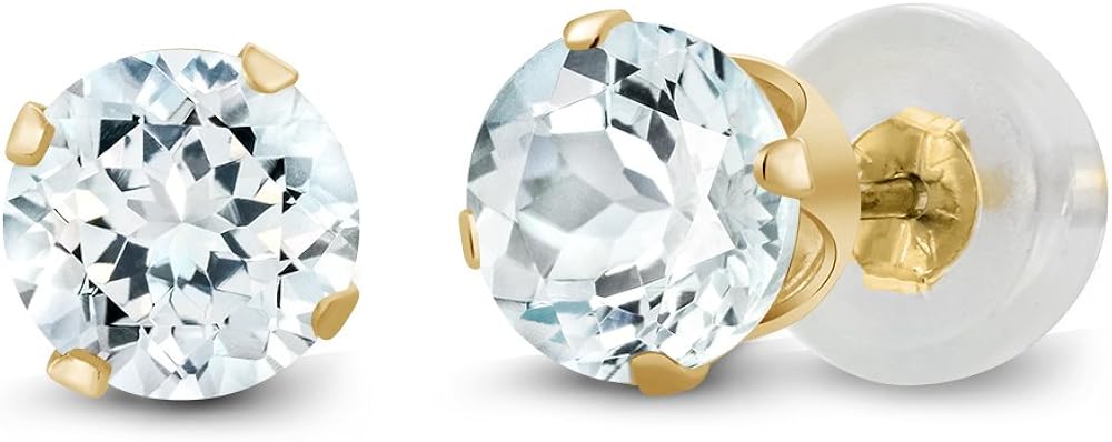 Gem Stone King 14K Yellow Gold Sky Blue Aquamarine 4-prong Stud Earrings (0.90 cttw, 5MM Round Cut)