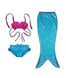 PGXT Girls 3 Pcs Princess Mermaid Tail Swimwear Swimsuit Bikini Rosered+Blue 130CM