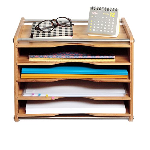 JackCubeDesign 5 Tier Bamboo Office Document File Organizer Desktop Mail Letter A4 Paper Sorter Tray Cabinet Holder Storage Box with Stainless Steel Protection(14 X 10.6 X 10.9) - :MK388A