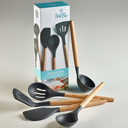 PortoFino 5 Pc. Kitchen Utensil Set / Premium Natural Beech Wood & Silicone / Home Cooking Utensils / Wooden Food Prep Tools / Soup Ladle, Slotted Spoon, Solid Spoon, Turner, Large Spatula
