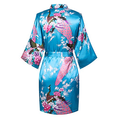 Yukata Women's Short Kimono Robe, Peacock&Blossom Design, Blue XL