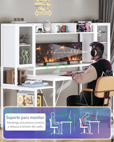 Escritorio gamer 190cm, escritorio para computadora con soporte para monitor, mesa para juegos con luces LED, mesa para PC con cajón y estantes de almacenamiento para dormitorio y sala de estar Blanco