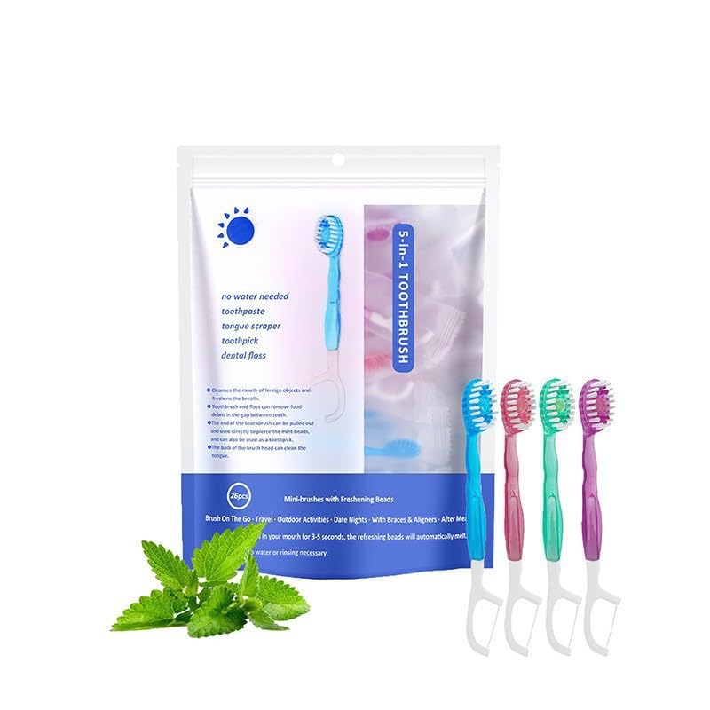 YOOJ® 26 Pcs Toothbrush & Floss, Mini Toothbrushes with Toothpaste, All in One Oral Care on The Go, 5 in 1 Mini Brush, Toothpaste and Floss, Disposable Travel Toothbrush Set