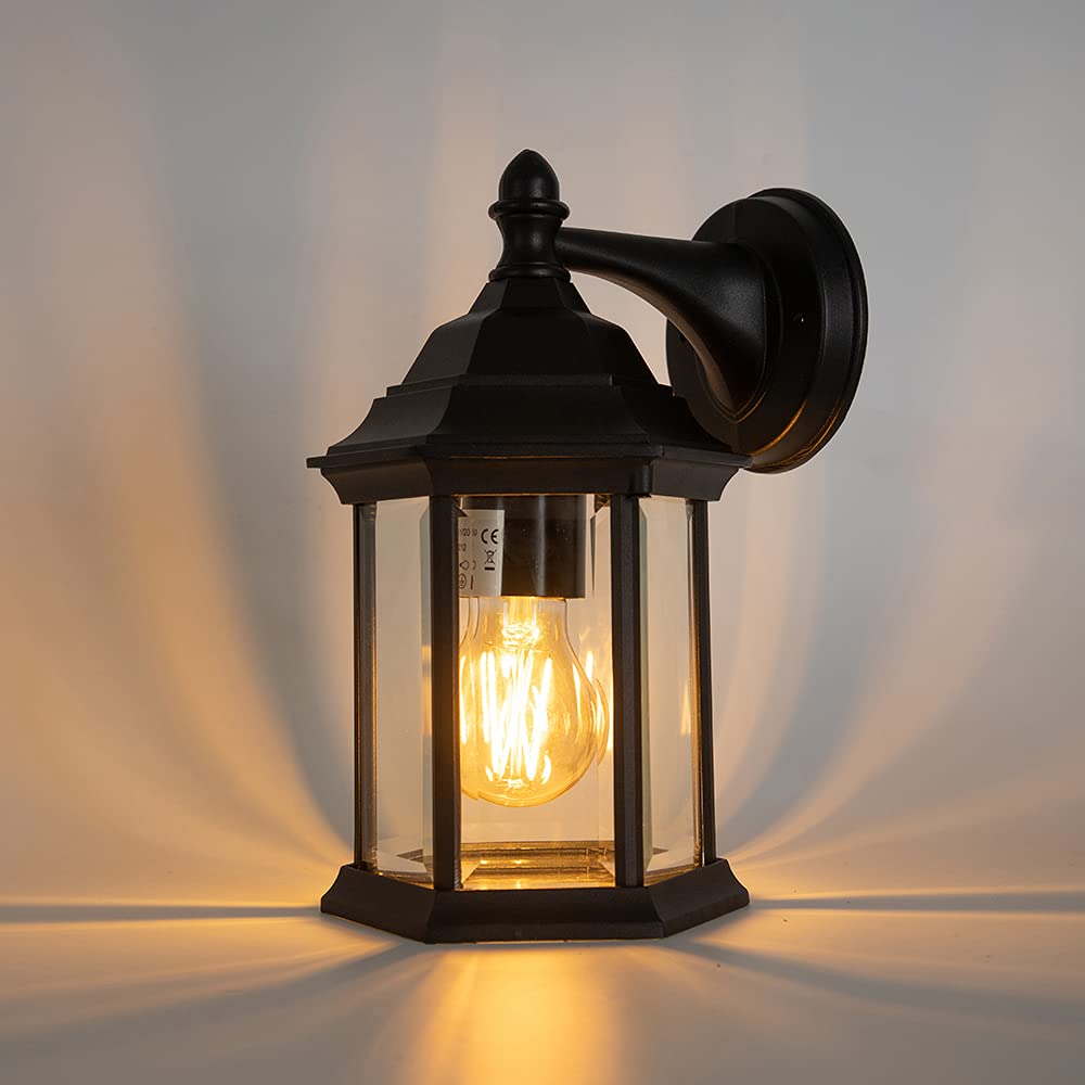 LUTEC 6 Sided Black Outdoor Wall Lights Lantern Wall Light Waterproof Aluminium Retro Rustic Garden Decorative Lamp for Porch Balcony Patio and Garage.