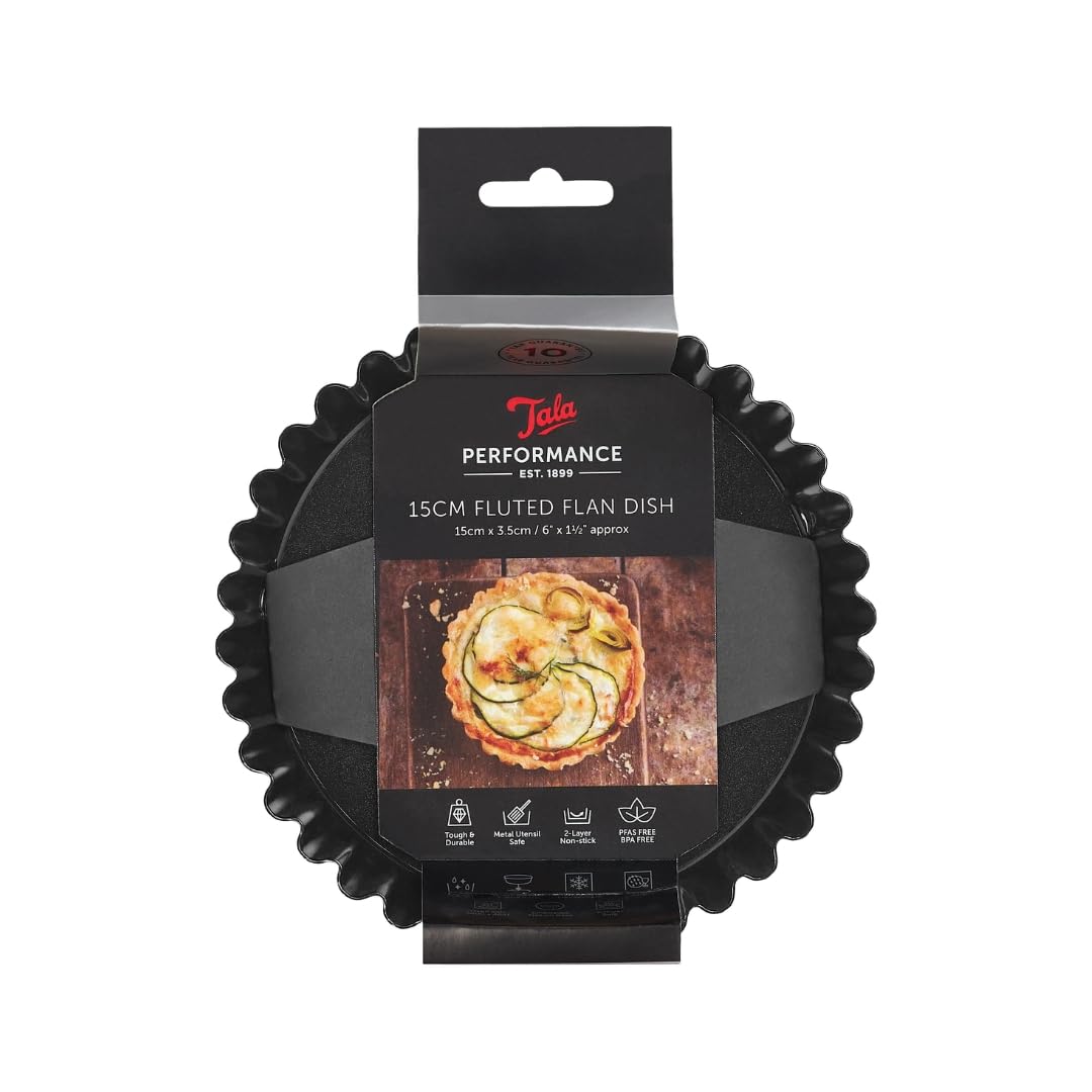 Tala Performance 15.3 cm Dia Round Fluted Tart Tin, Professional Gauge Carbon Steel with Eclipse Non-Stick Coating, with Loose Base, Perfect for savoury or Sweet tarts, quiches, or Desserts, Black