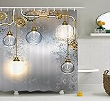 Ambesonne Industrial Decor Shower Curtain, Steampunk Antique Composition Brass Fastening Round Figures Print, Fabric Bathroom Decor Set Hooks, 70 inches, Gold Grey