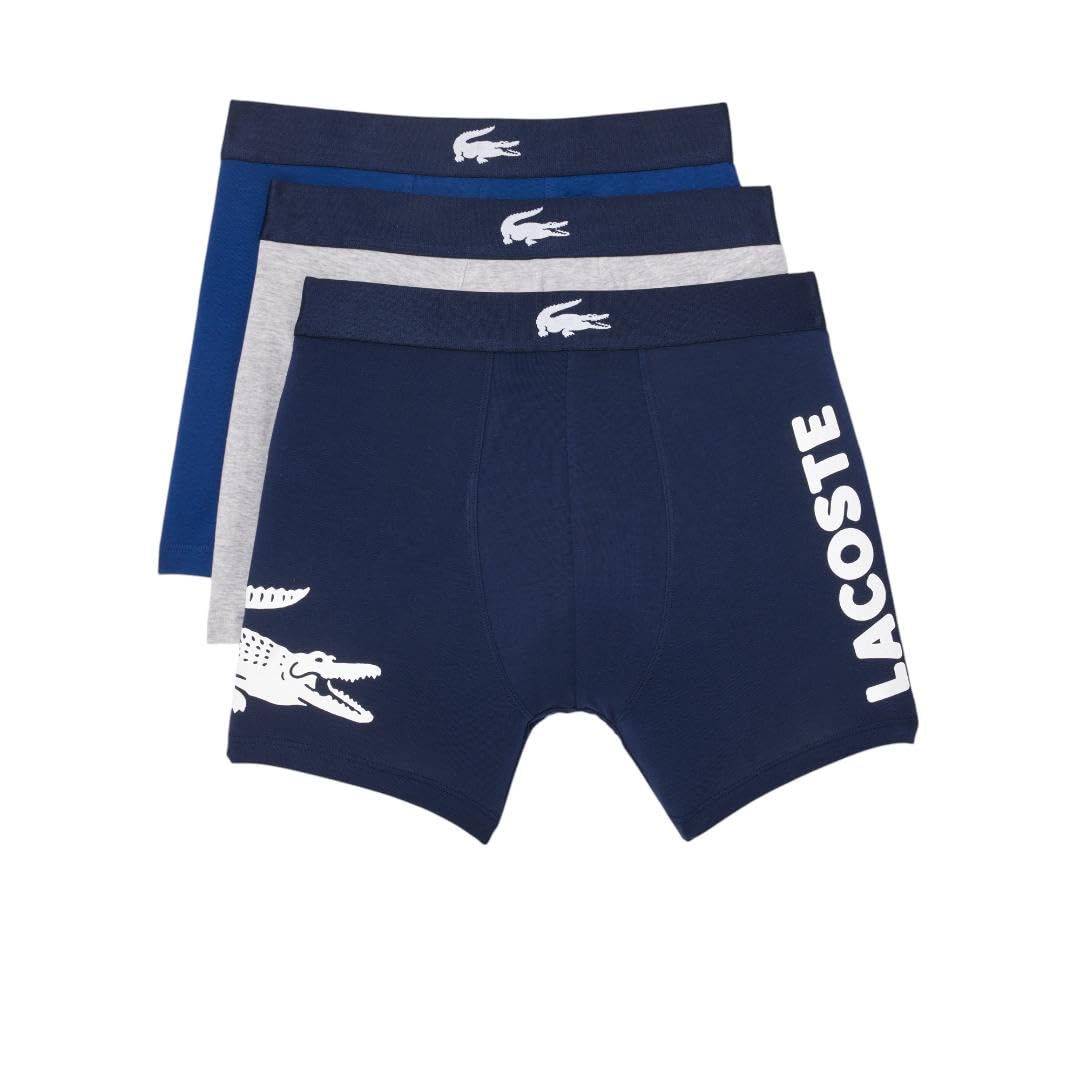 Lacoste Men's Cotton Stretch Big Croc Print Boxer Briefs, 3-pack, Navy Blue/White/Dove Grey, X-Large Image